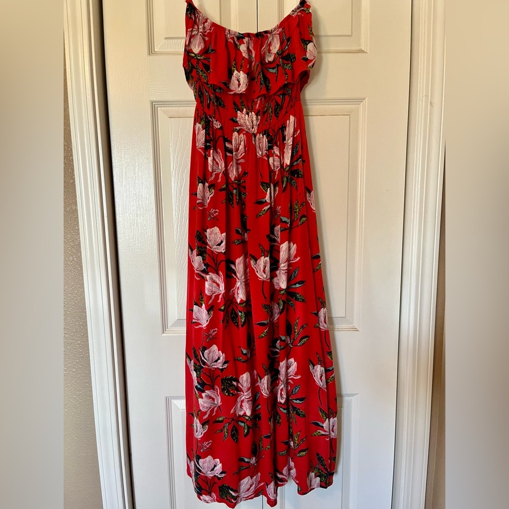 Red Strapless Floral Dress